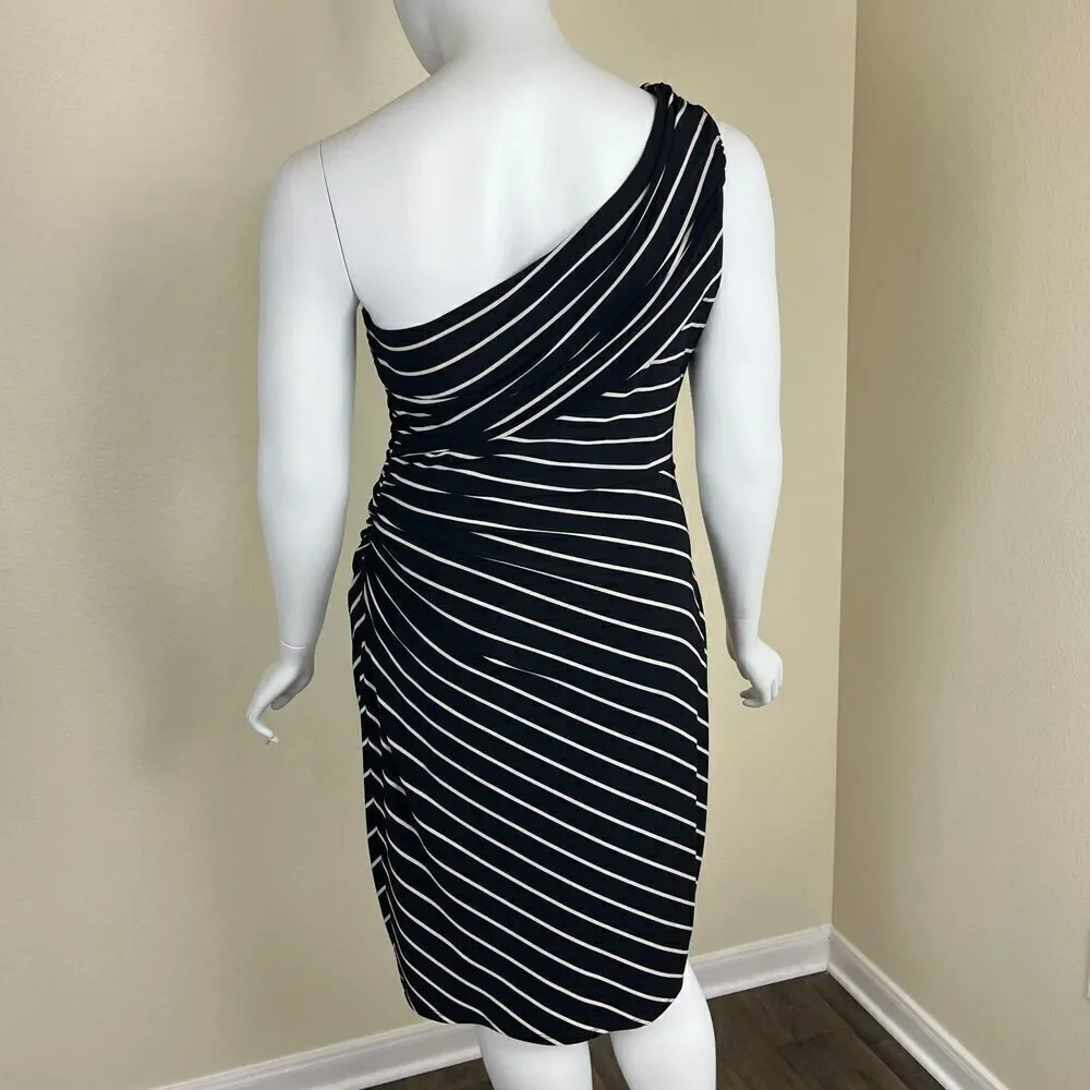 Lauren Ralph Lauren Women Size 16 Black Striped One Shoulder Ruched Sheath Dress